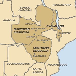 南罗德希亚的位置，Northern Rhodesia是赞比亚，Nyasaland是马拉维，Bechuanaland是博茨瓦纳